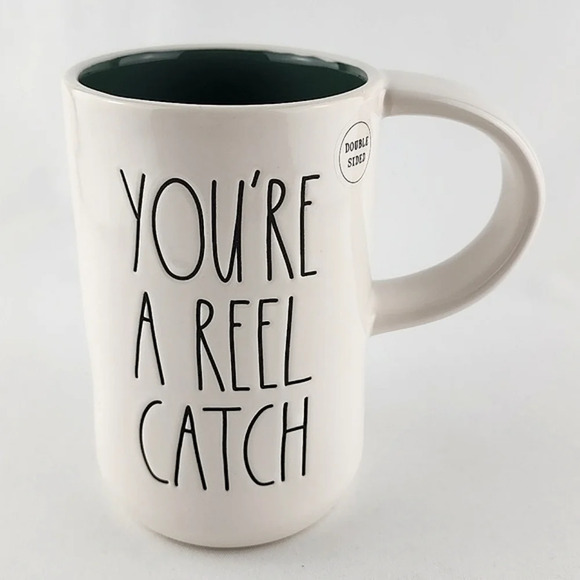 Rae Dunn Artisan Double Sided YOU'RE A REEL CATCH Fishing Tall White Green Mug - Picture 4 of 12